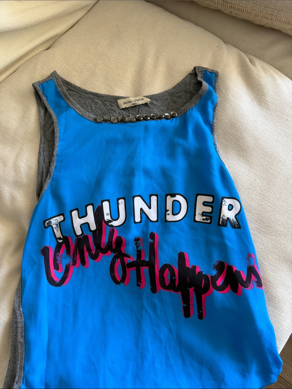 Bright Blue Graphic Muscle Tank - "Thunder Only Happens"
